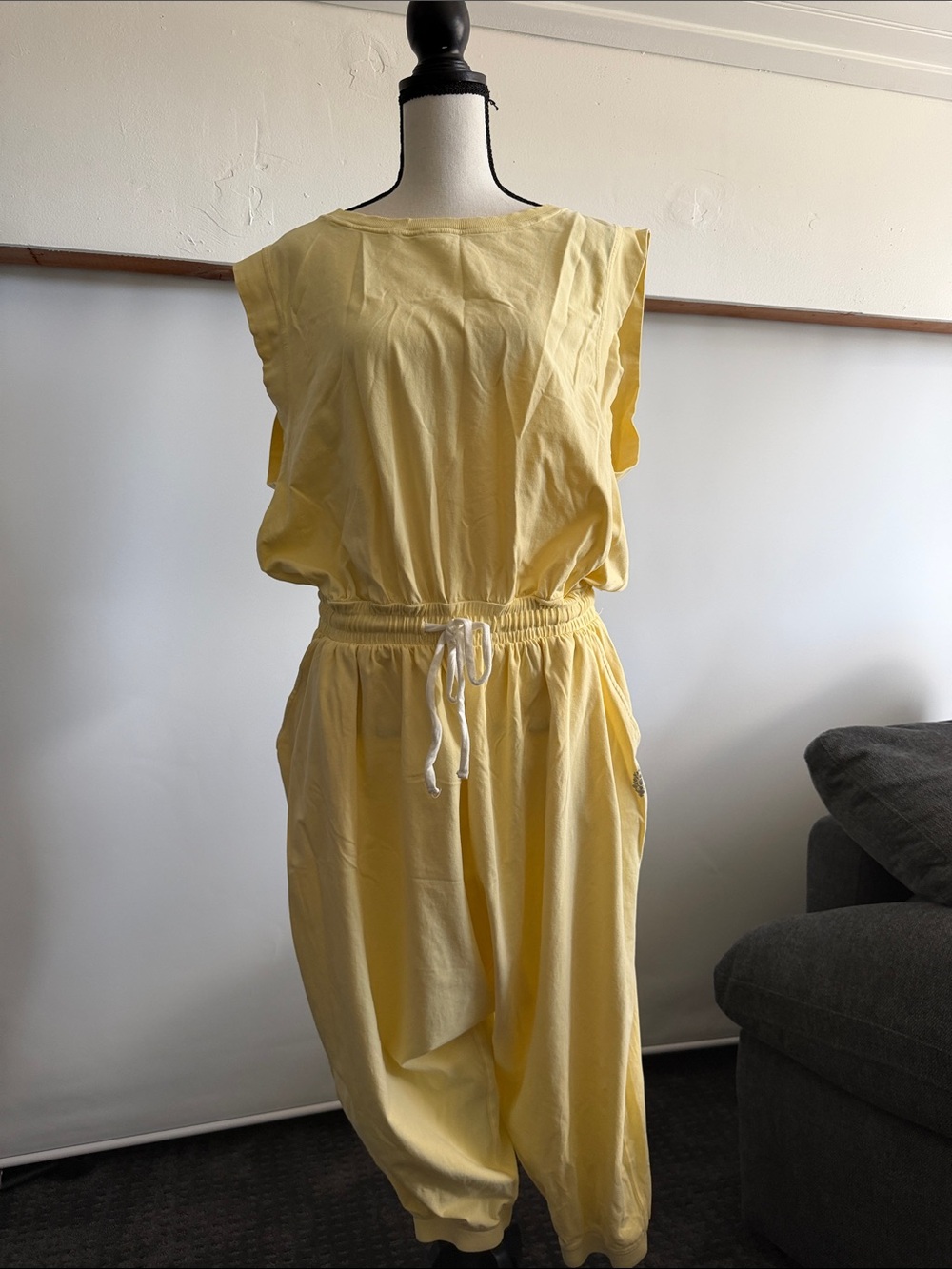 FP Movement by Free People Pale Yellow Sleeveless Drawstring Jumpsuit
